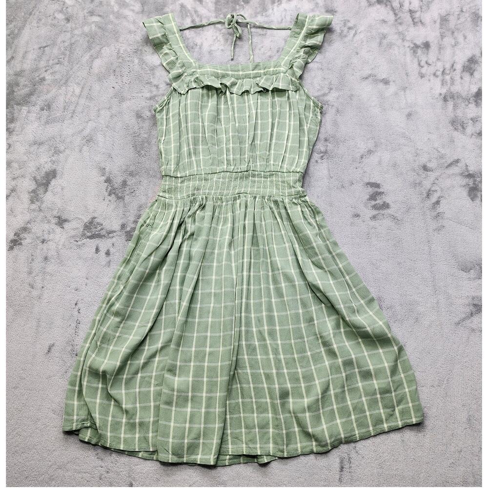 NEW Maurices Dress Womens S Green White Plaid Ruffle Trim Square Neck Mini Rayon